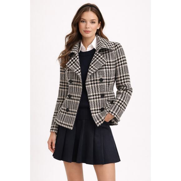 Moda International Jackets & Blazers - Moda International Houndstooth Peacoat Jacket Wool Blend Black White Sz 8 Preppy